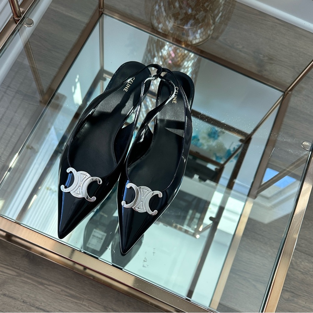 Authentic Celine Black Patent Leather Flats with Silver Accents - Picture 5 of 16